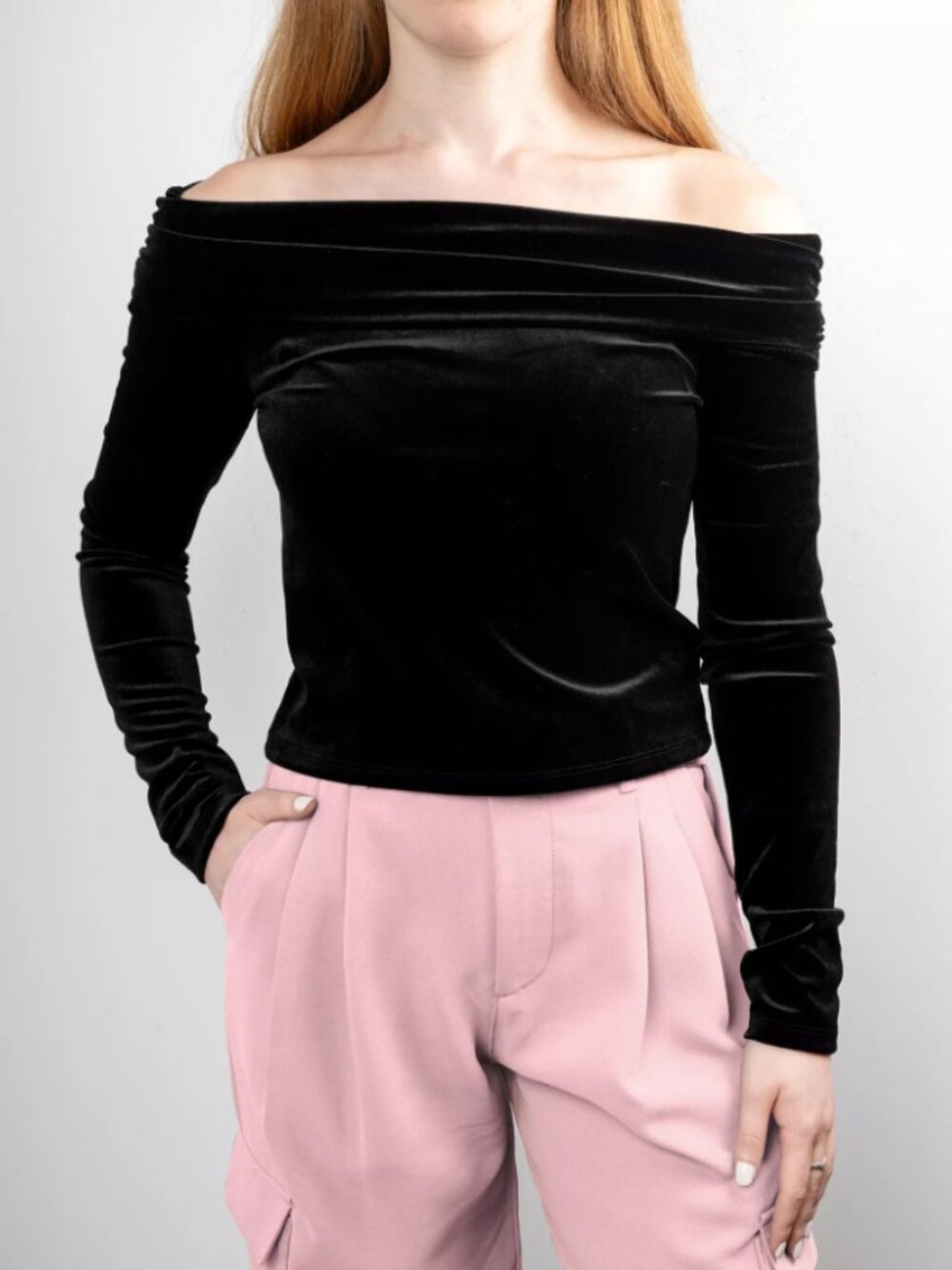 Stella 88 Velvet Off Shoulder Top Big Girls Size Large Black Long Sleeve Stretch
